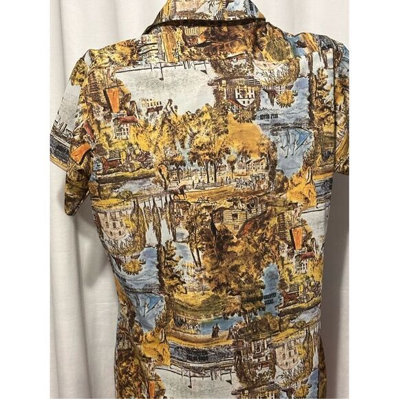 VINTAGE 70’s RARE AndHurst yellow & Blue medium Village Scenery Disco Print Shir - Picture 6 of 6